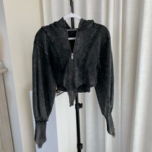 Black Distressed Crop Zip Up Hoodie